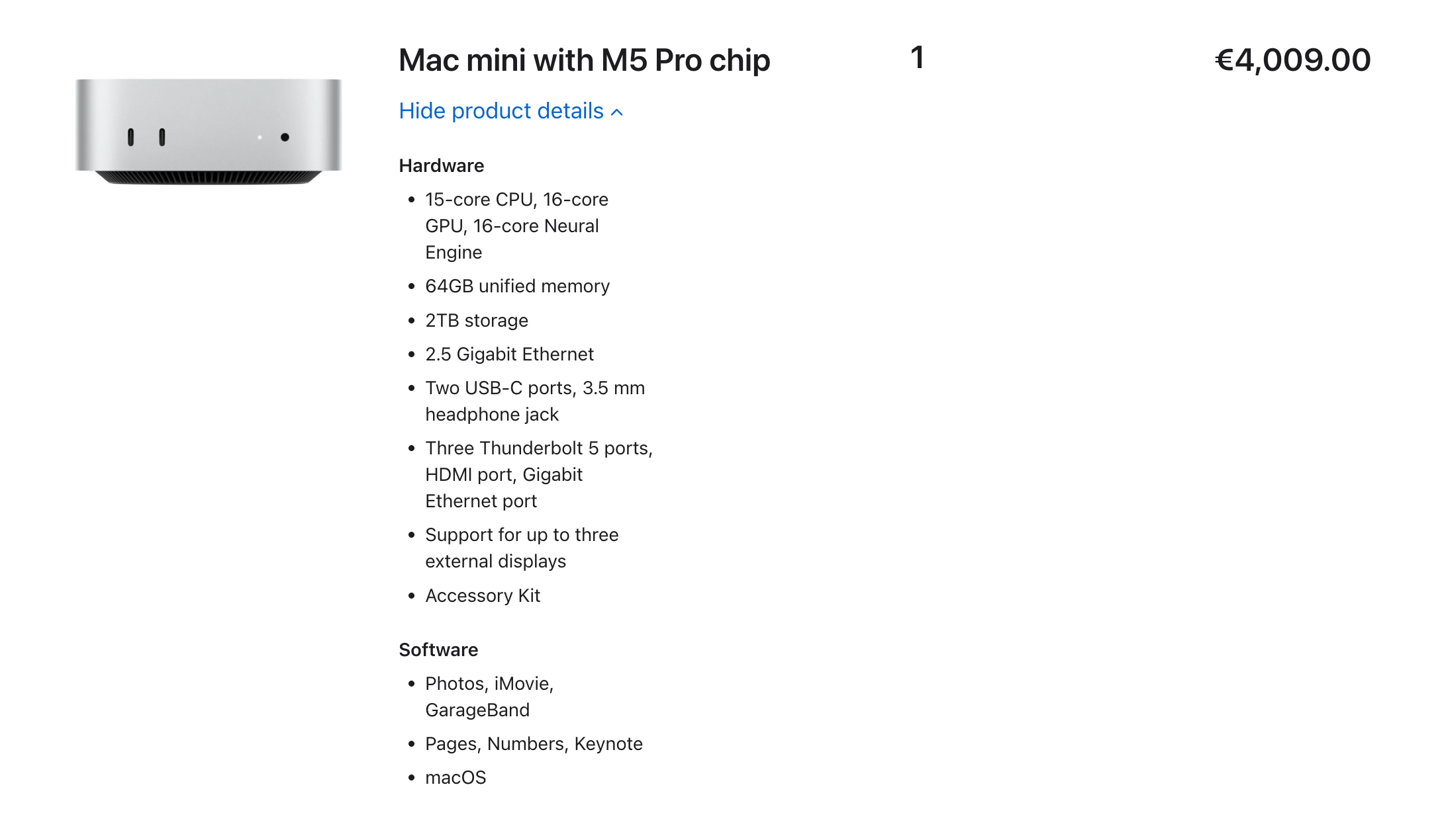 Apple's order summary for a Mac mini with M5 Pro chip, 64GB unified memory and 2TB storage