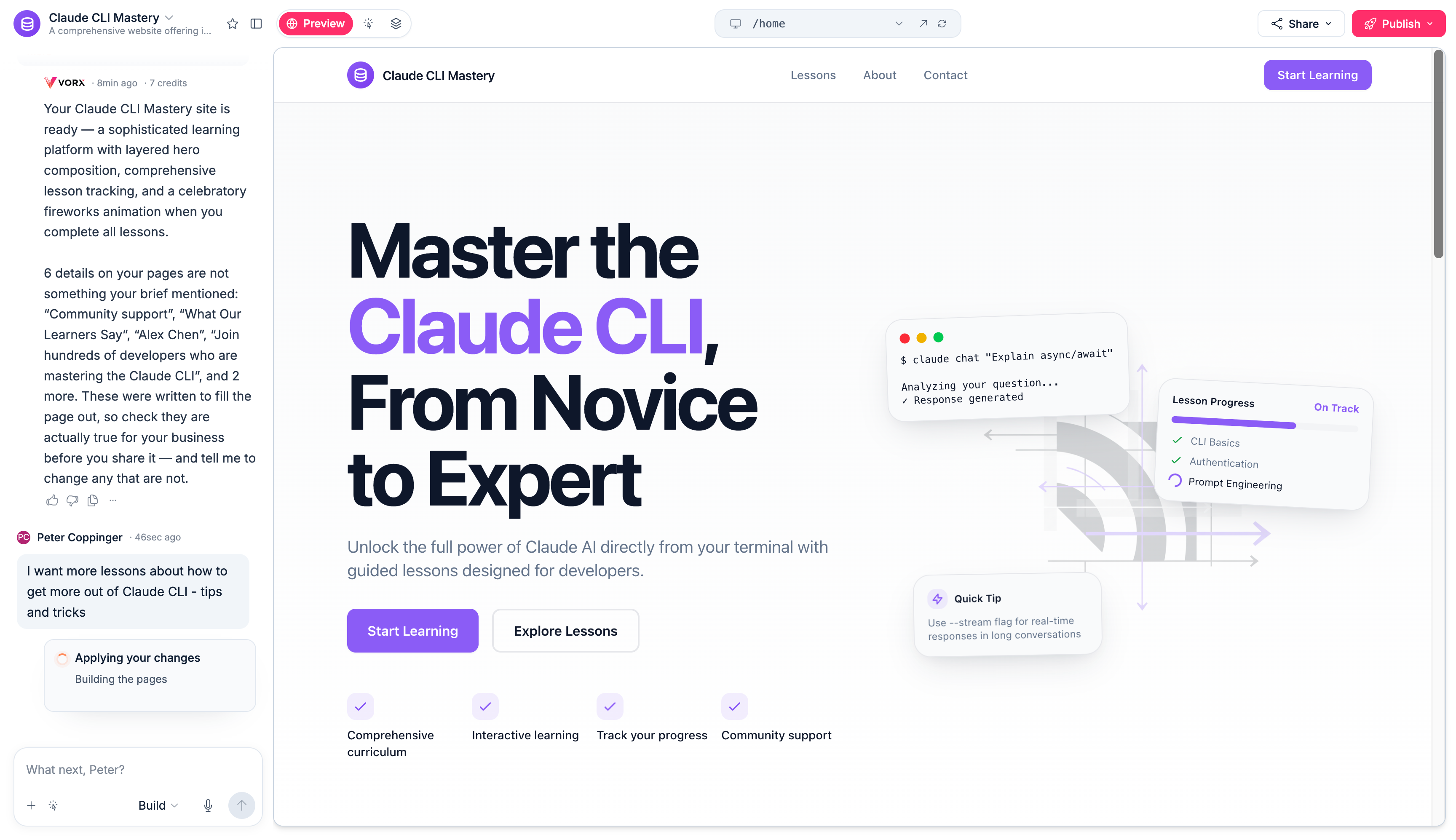 Claude CLI Mastery, a generated course-marketing site, with Vorx's own chat message listing six specific fabricated details it invented to fill out the page, and asking Peter to confirm or correct them before publishing
