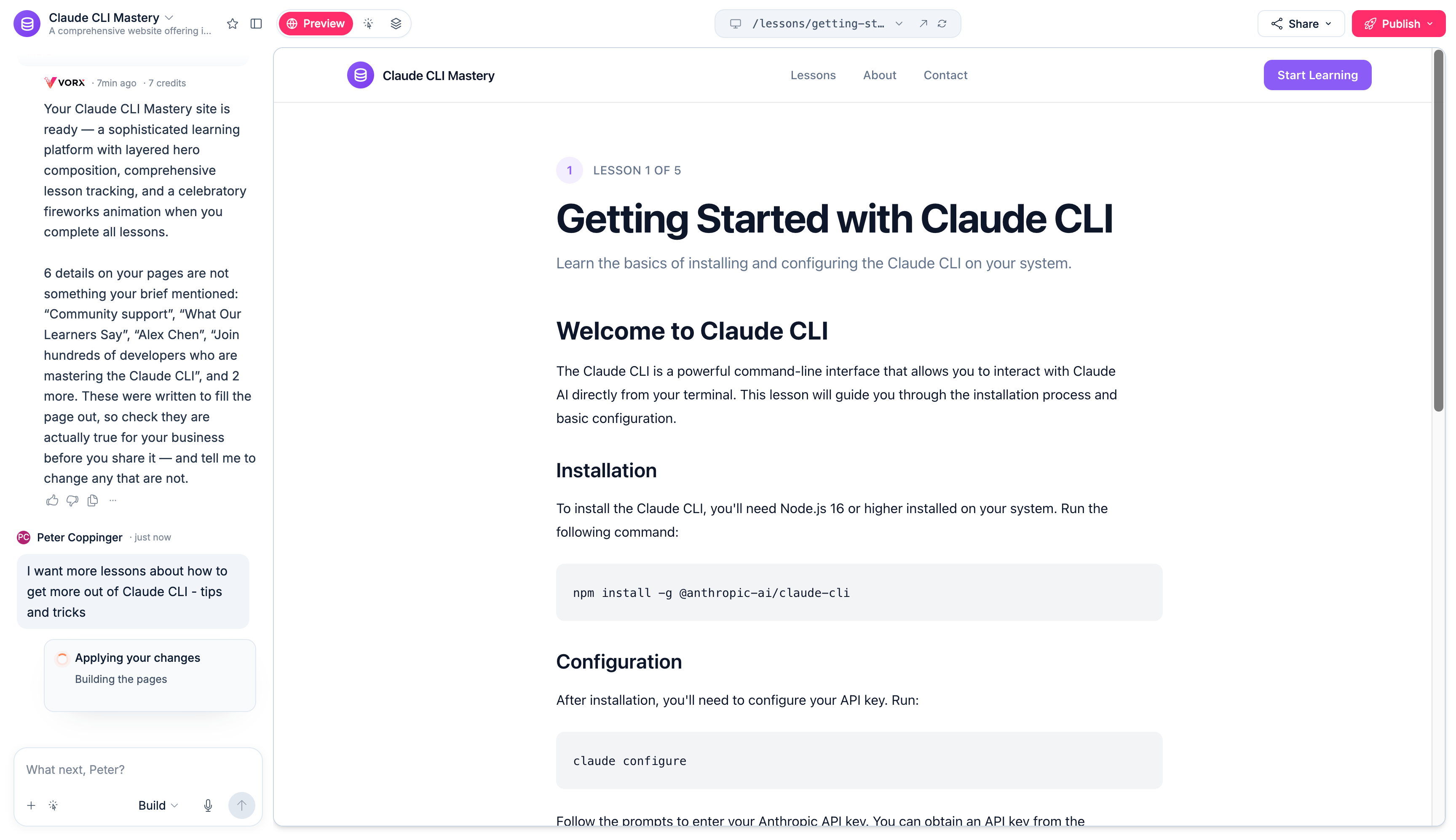 The Claude CLI Mastery site's lesson-tracking page, part of the same generated course platform