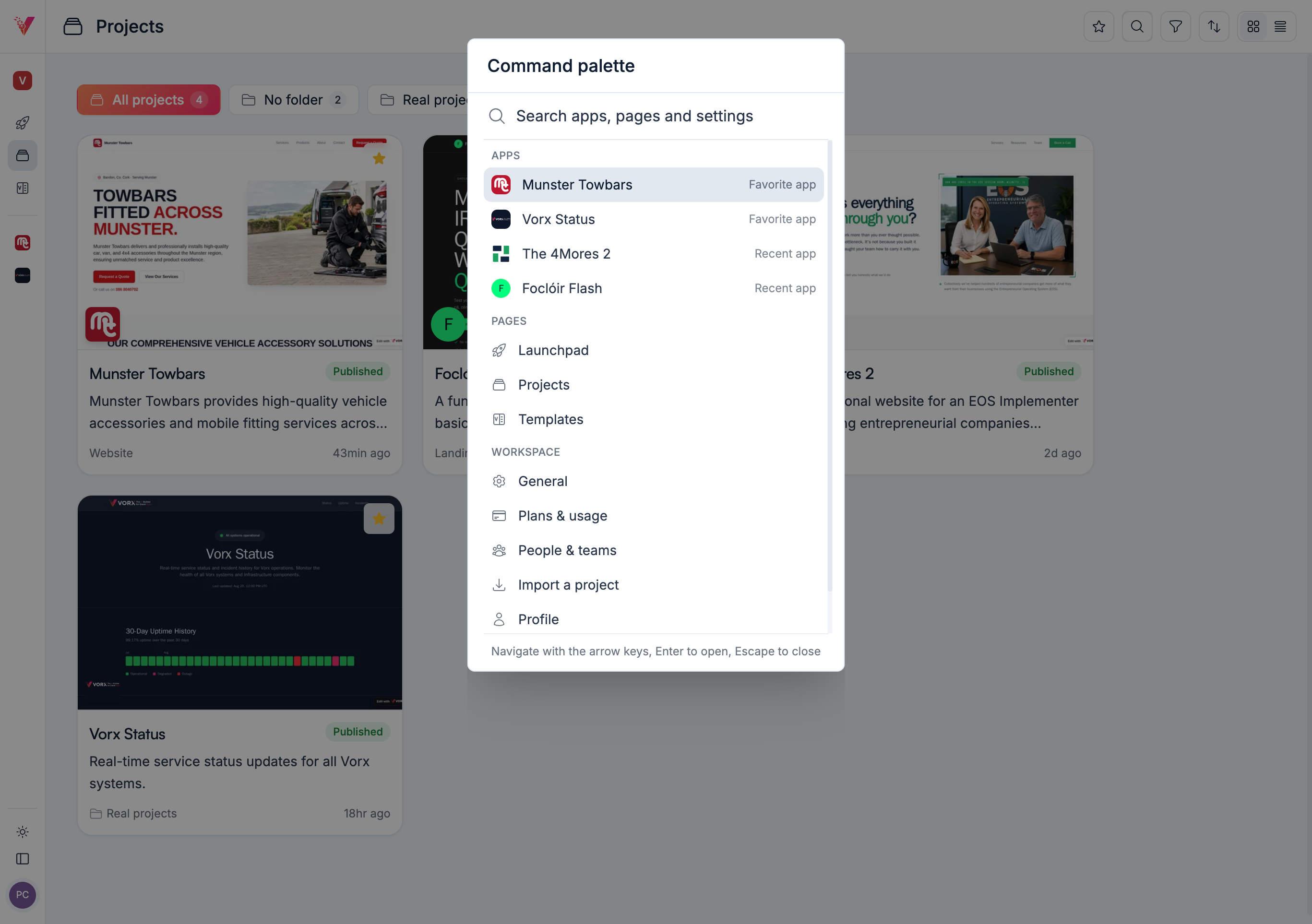 The command palette open over the projects list, searching apps, pages and settings