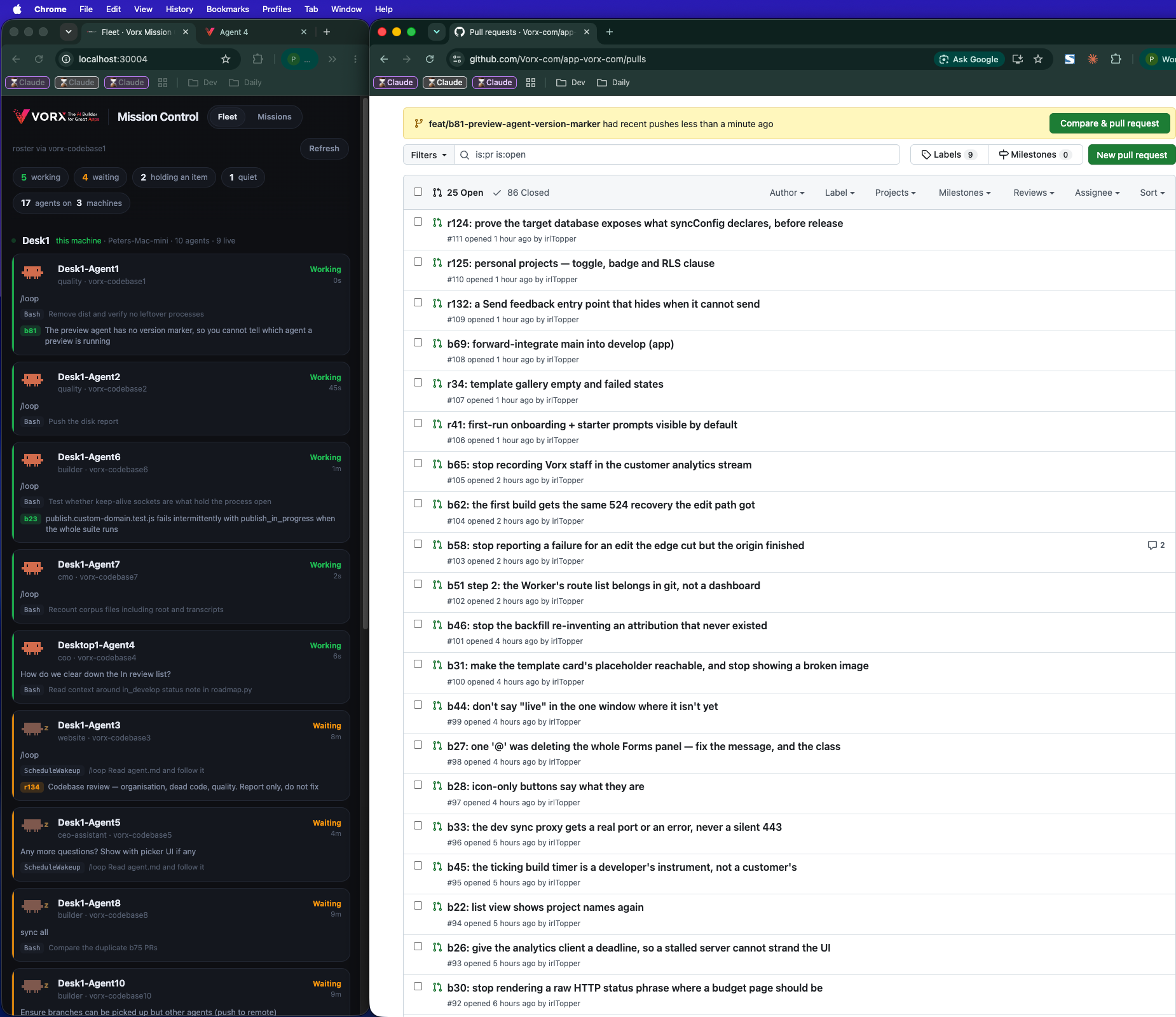 Three screens, mid flow: the fleet dashboard, a GitHub queue of open pull requests, and the mission board behind it