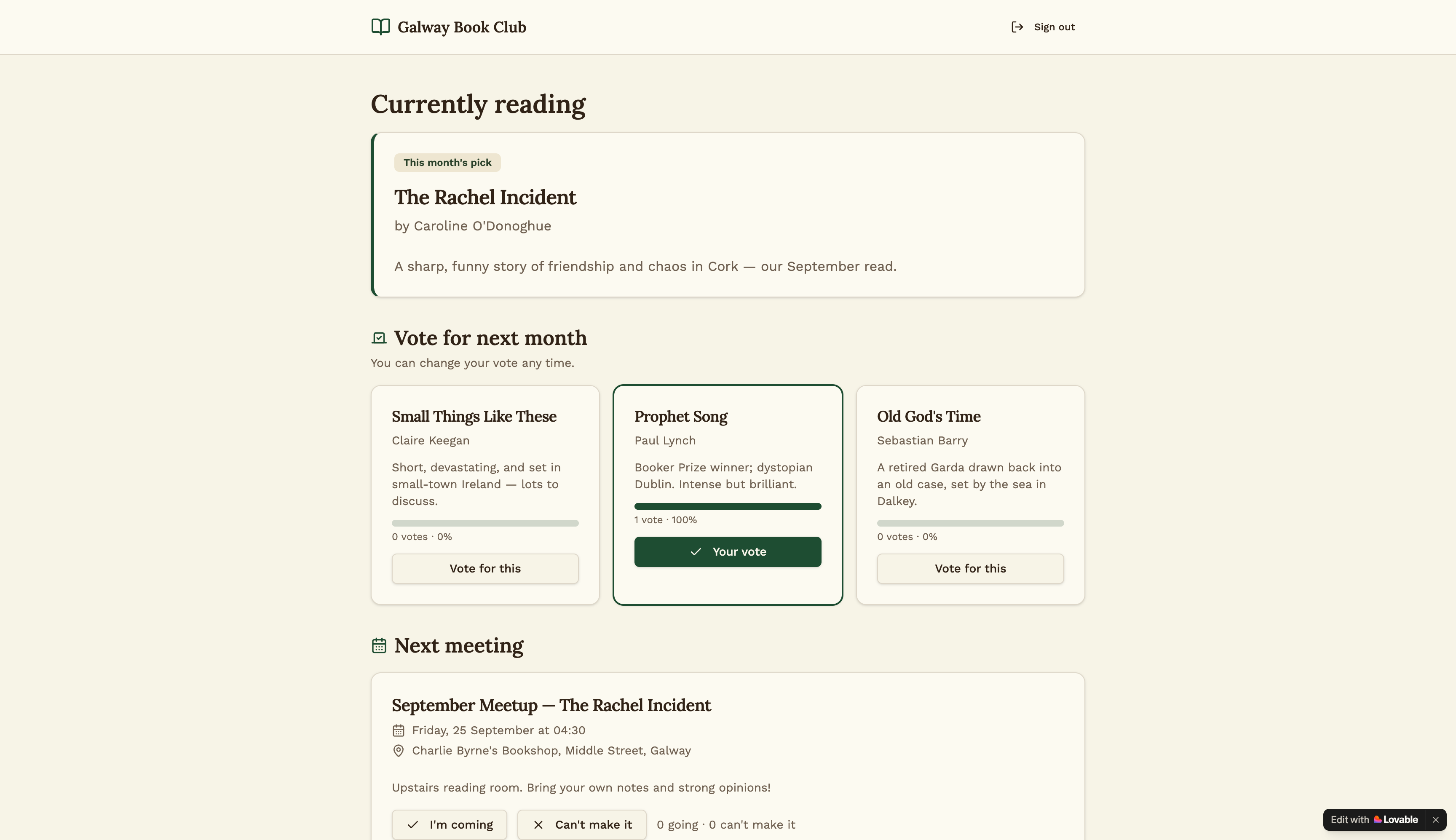 Galway Book Club, built in the category leader's tool: a light literary-themed page showing the same current book, a vote, and the next meetup