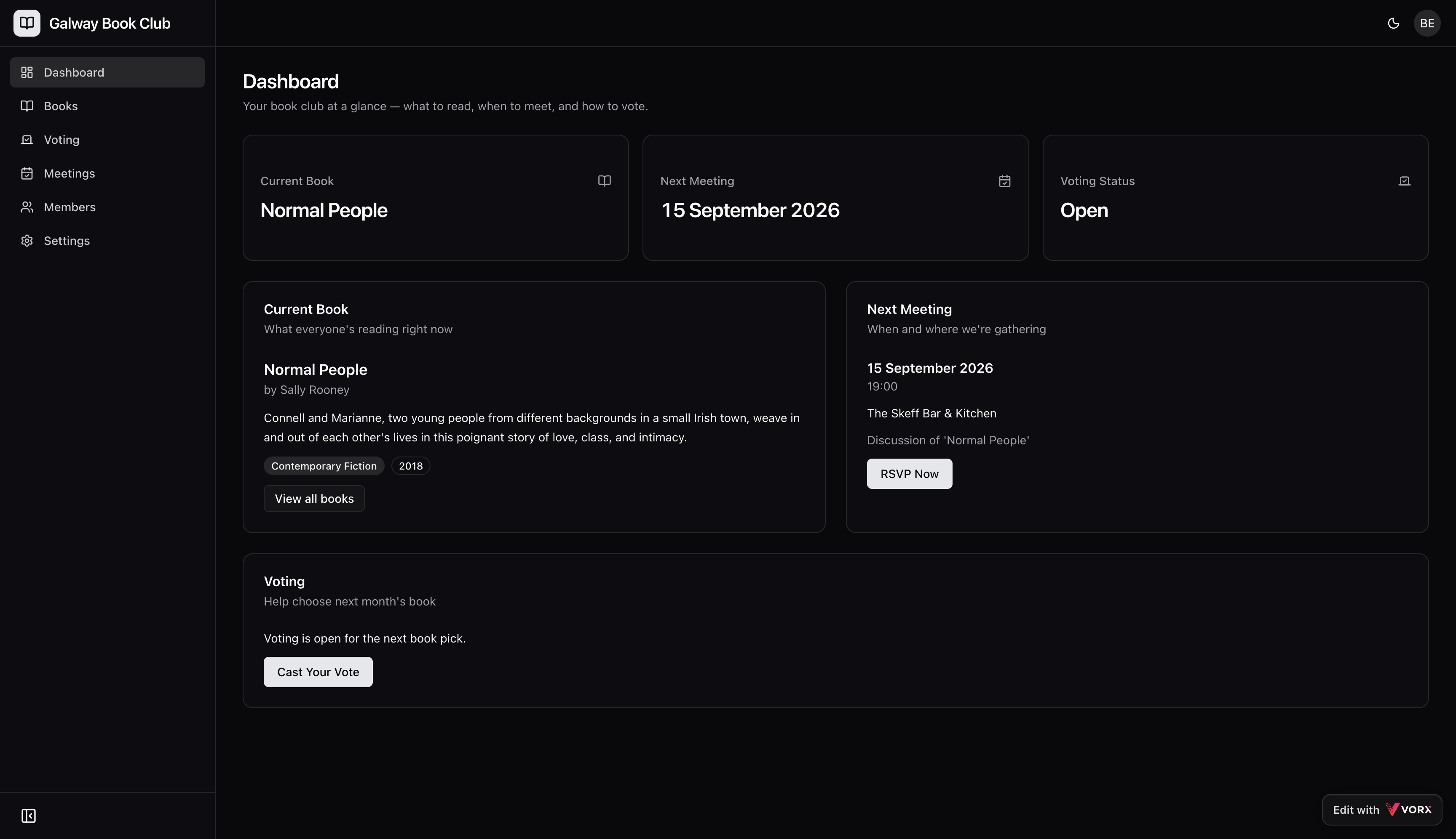 Galway Book Club, built in Vorx: a dark dashboard showing the current book, next meeting details, and an open vote