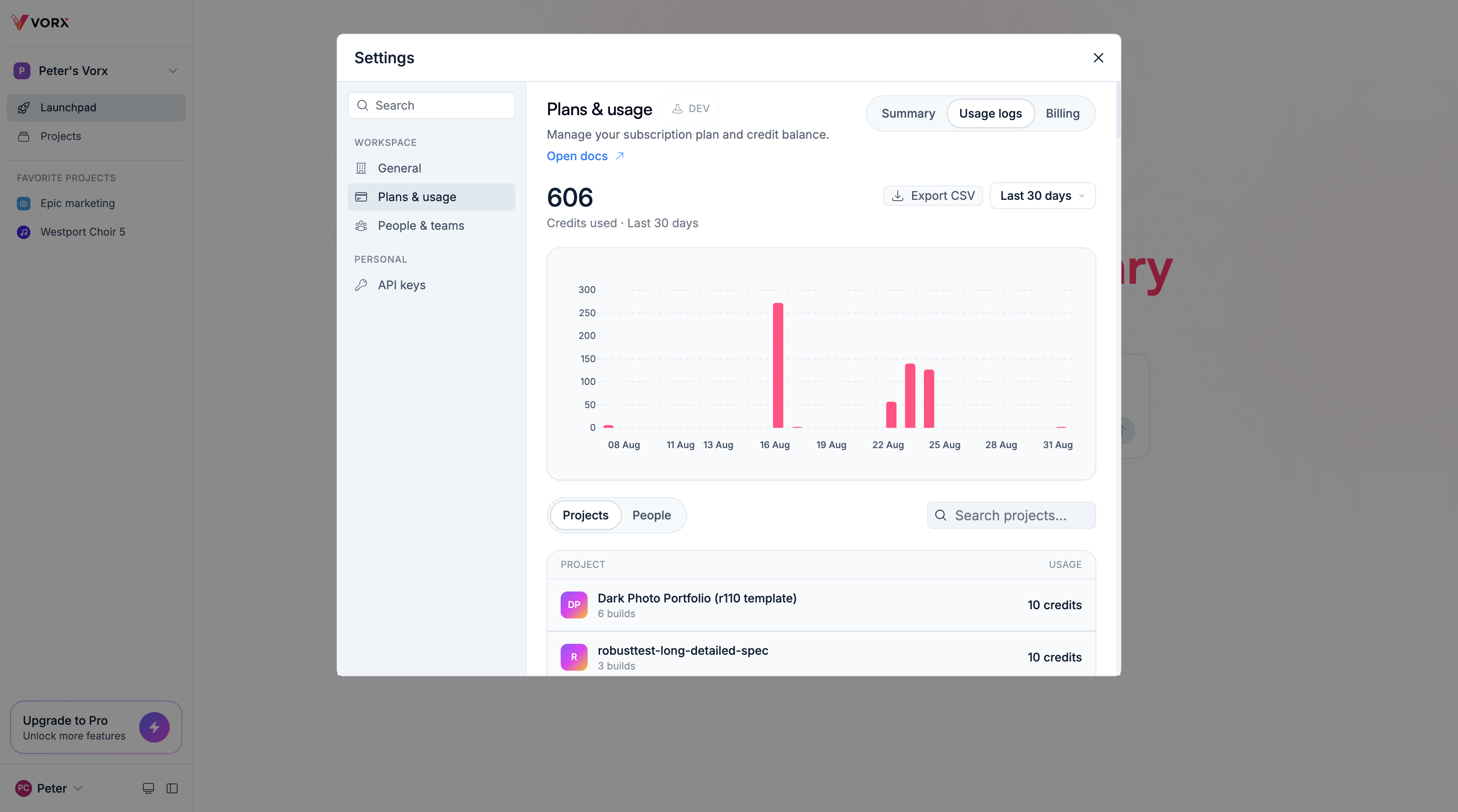 Before: settings crowded into the main navigation. After: settings in a clean, focused dialog showing plan usage, a spend chart, and per-project credit breakdown