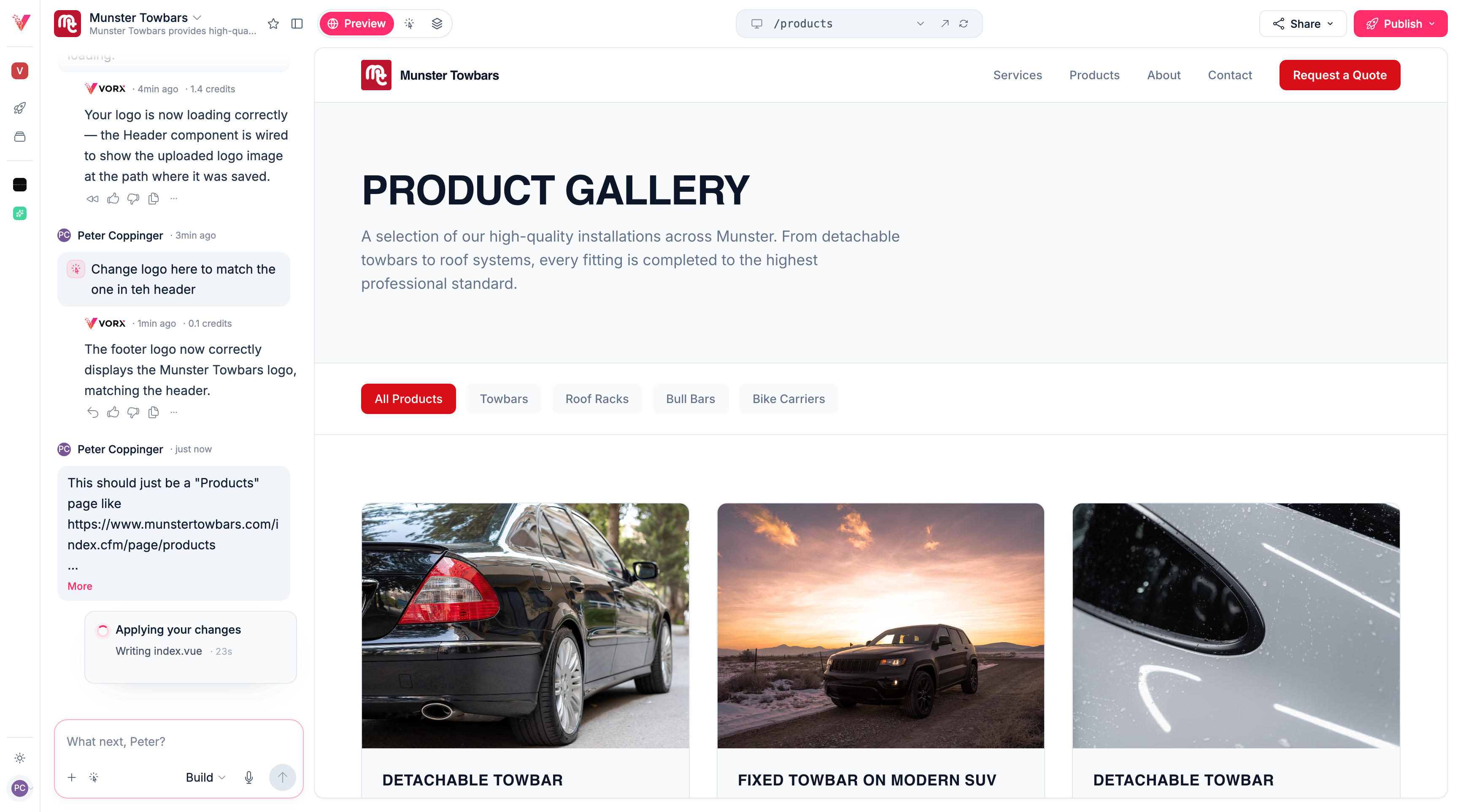 A generated Nuxt website called Munster Towbars, being edited live in Vorx: a real chat conversation fixing a logo image, then correcting the page structure to match a real business's existing website