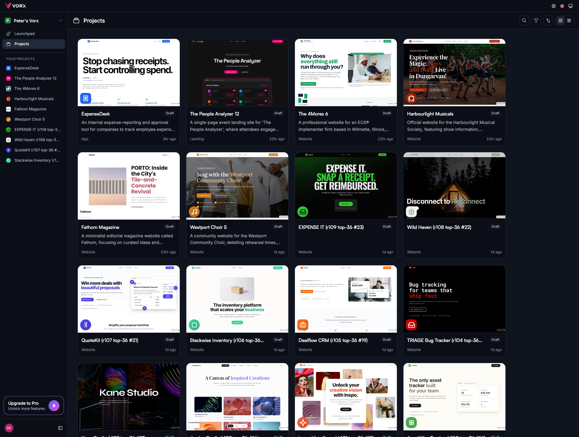 Vorx projects dashboard: a grid of apps built so far, each with its own live preview thumbnail