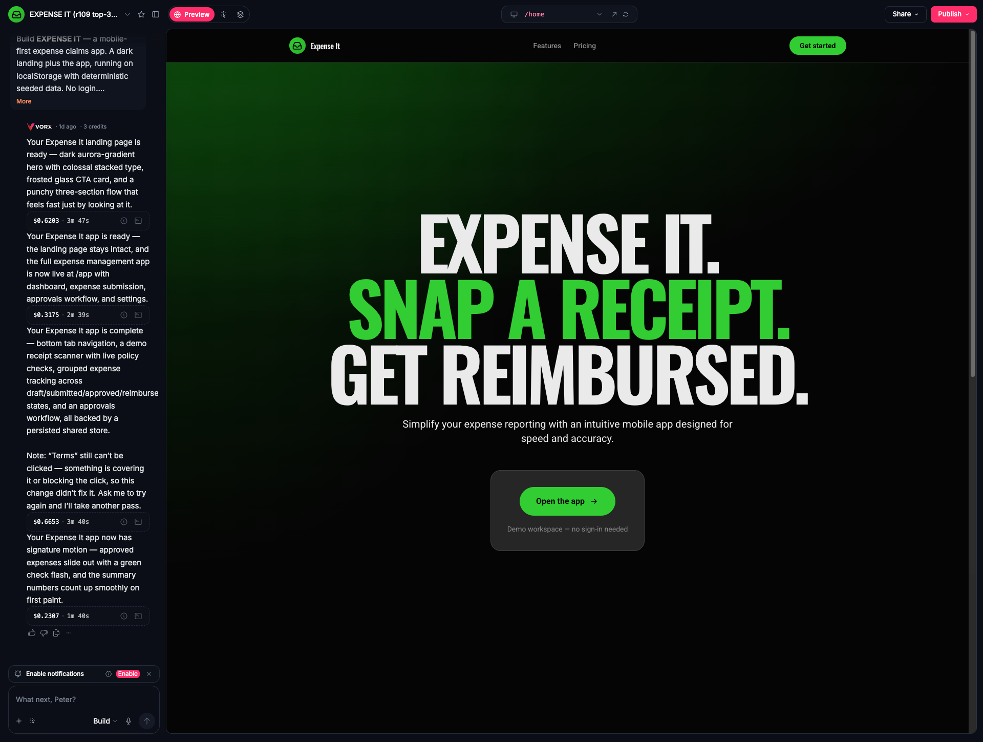 Expense It, a mobile-first expense-claims app, showing its generated landing page