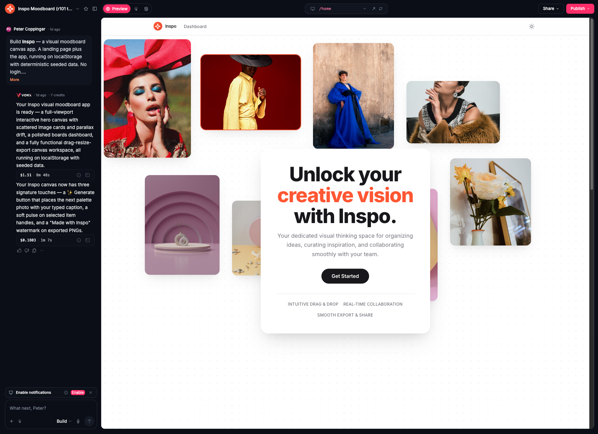 Inspo, a visual moodboard app built from a single prompt, mid-build inside Vorx
