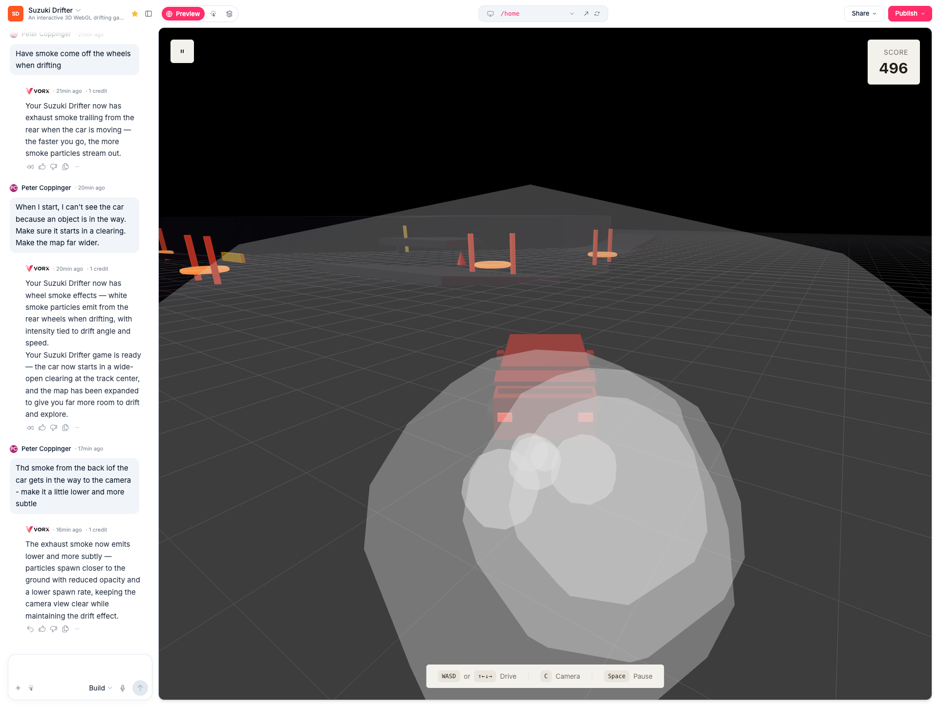 Chat log building the Suzuki Drifter drift game in Vorx