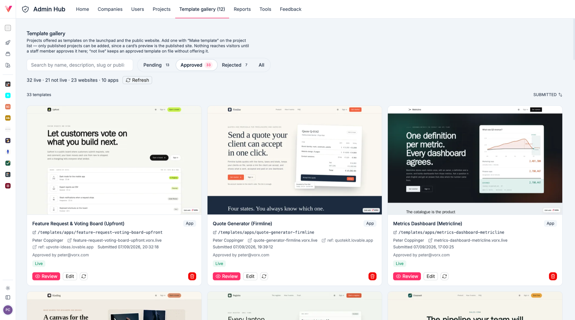 The template gallery counts: 13 pending, 33 approved, 7 rejected