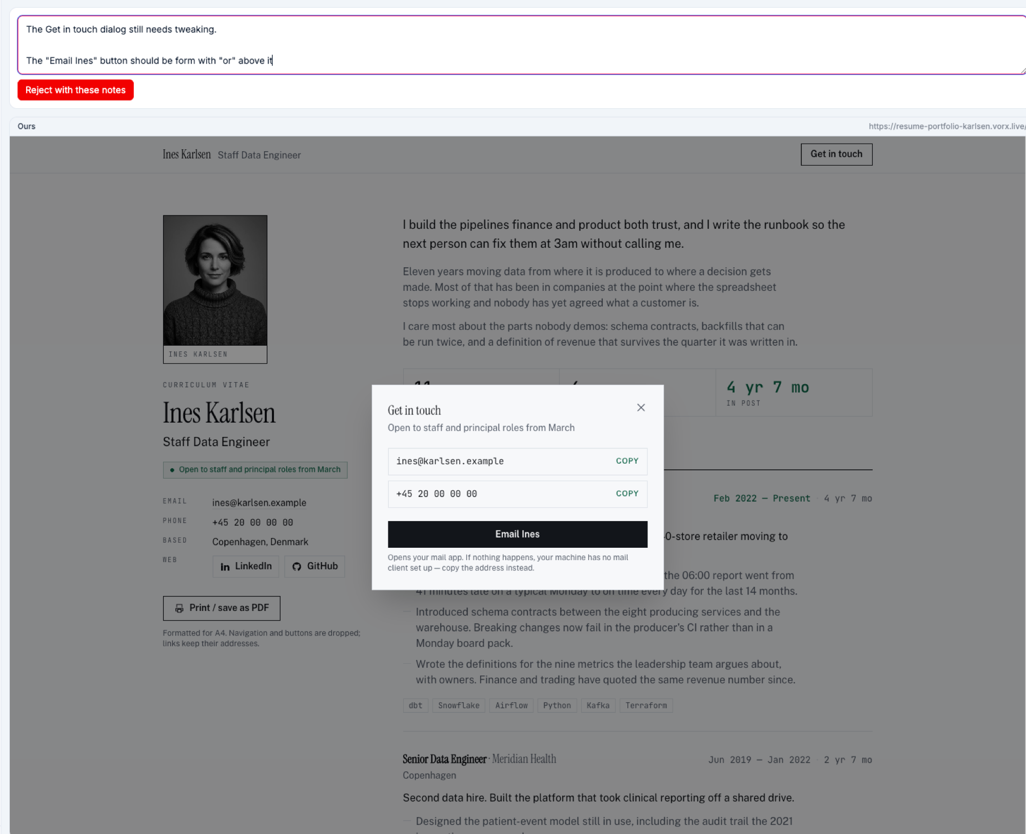 What rejecting one actually looks like. This is the resume template going back for another pass over a dialog button. A template review screen with a notes box reading that the Get in touch dialog still needs tweaking and the Email Ines button should be a form, above a red Reject with these notes button