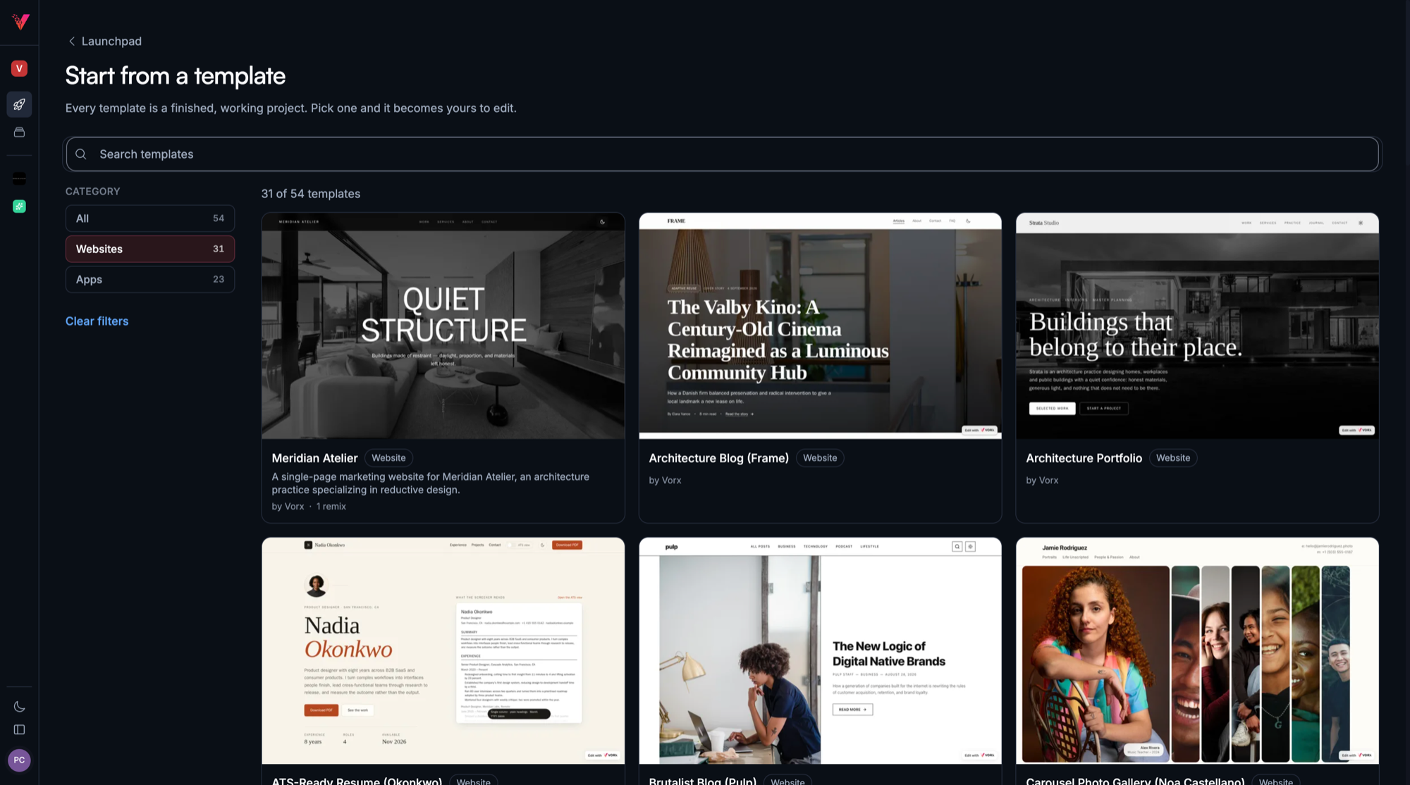 54 templates in the launchpad. I set out to build 36. The Vorx template gallery showing 31 of 54 templates, filtered to Websites, with covers for Meridian Atelier, an architecture blog, an architecture portfolio, an ATS-ready resume, a brutalist blog and a photo gallery