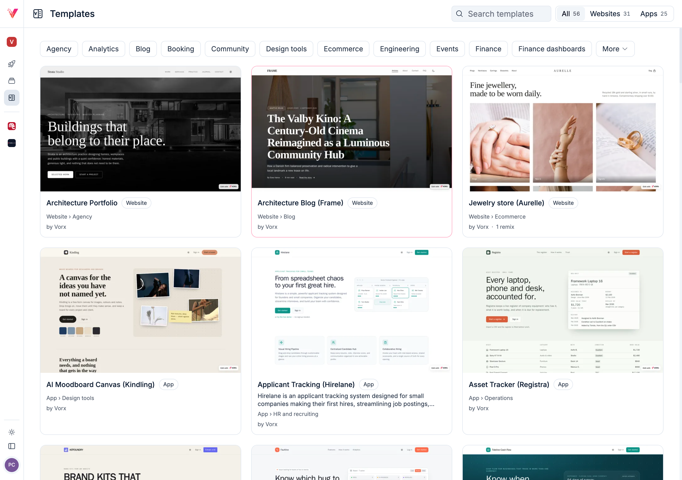 The Vorx templates page after the redesign, reached from the main navigation: 56 templates, 31 websites and 25 apps, filtered by category