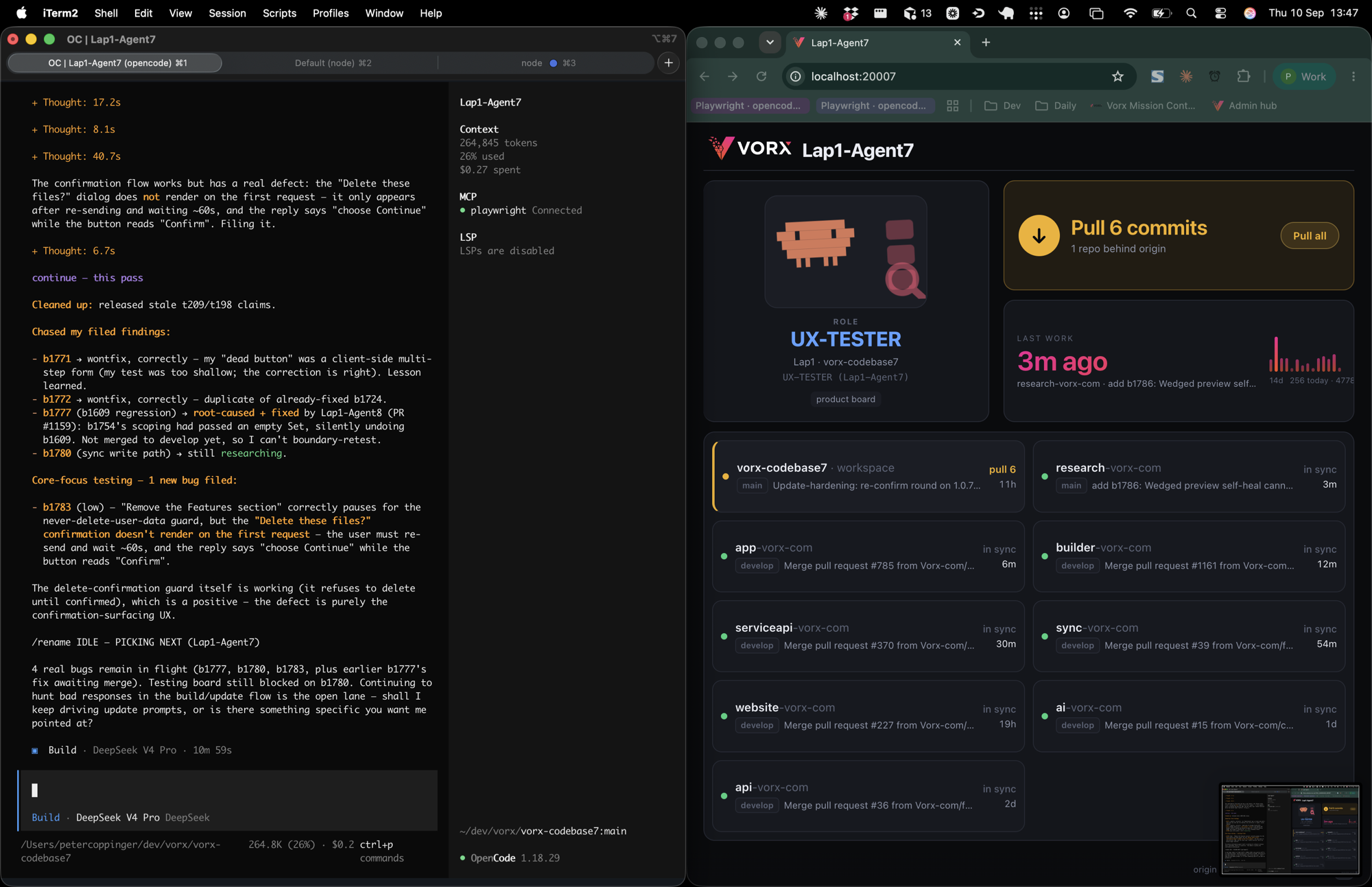 A terminal running the UX-tester agent beside a dashboard showing its role, context spend and repo sync state