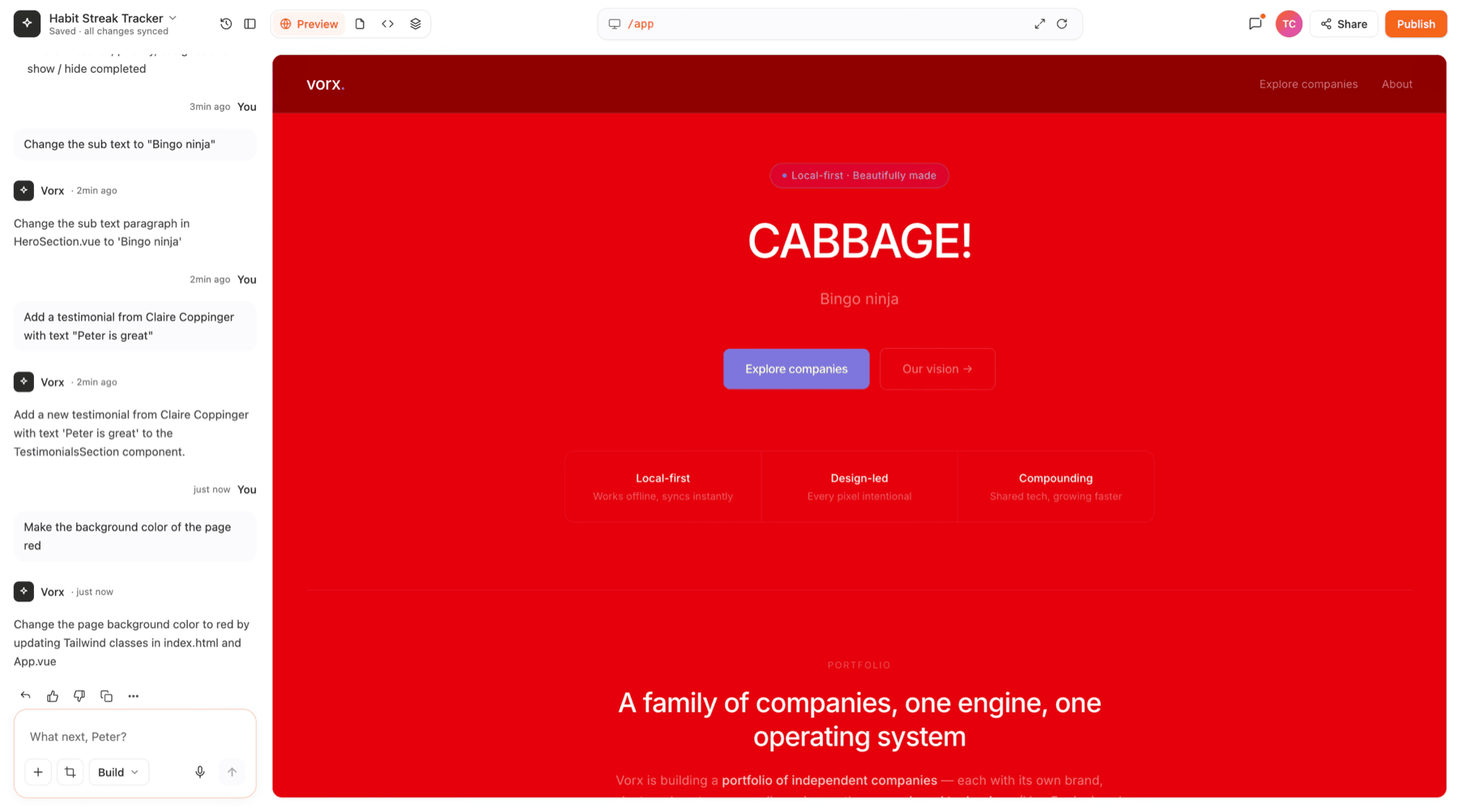 The agent taking a series of silly instructions, ending with an entirely red page reading CABBAGE