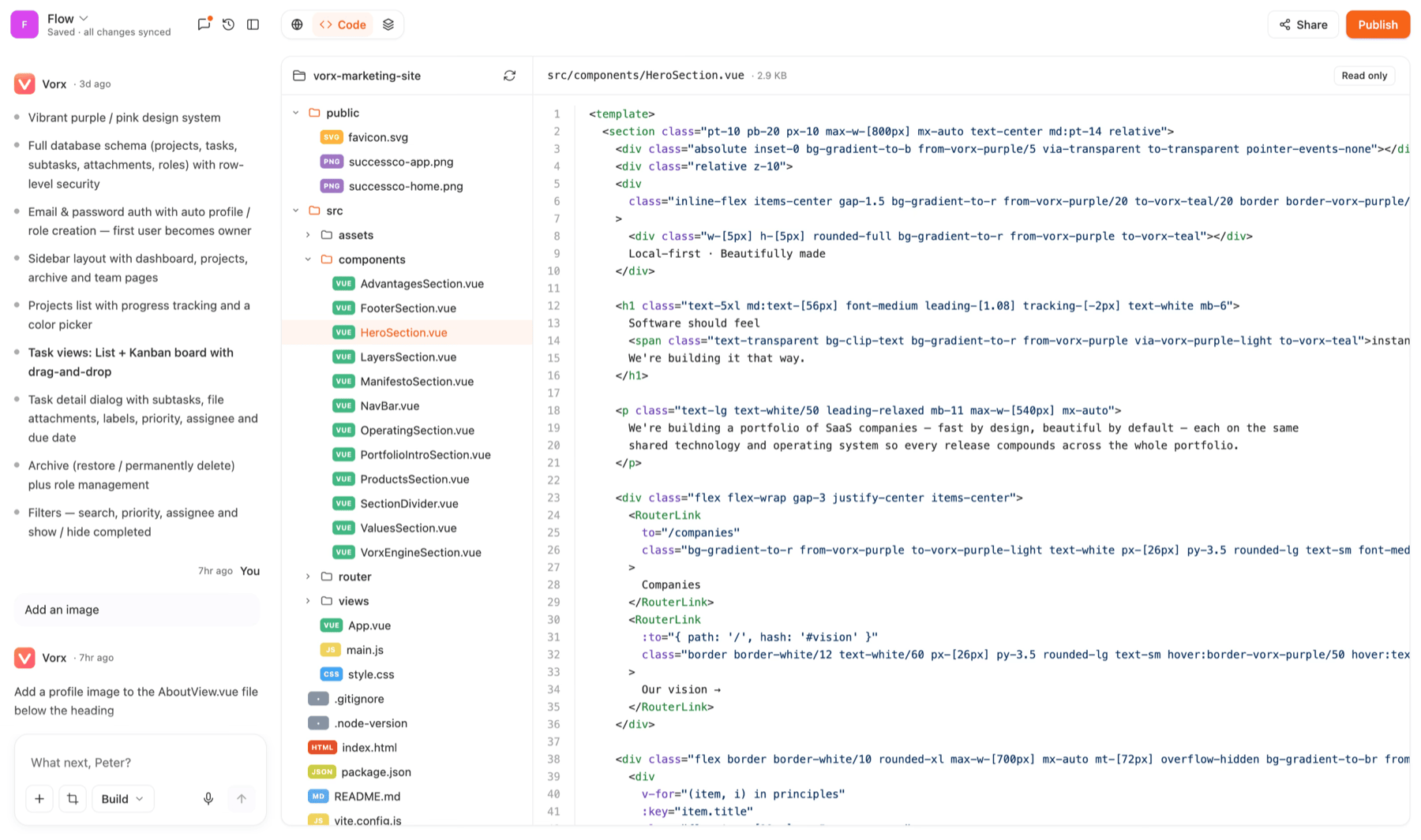 The Code view: the project's real file tree and source, beside the chat that wrote it