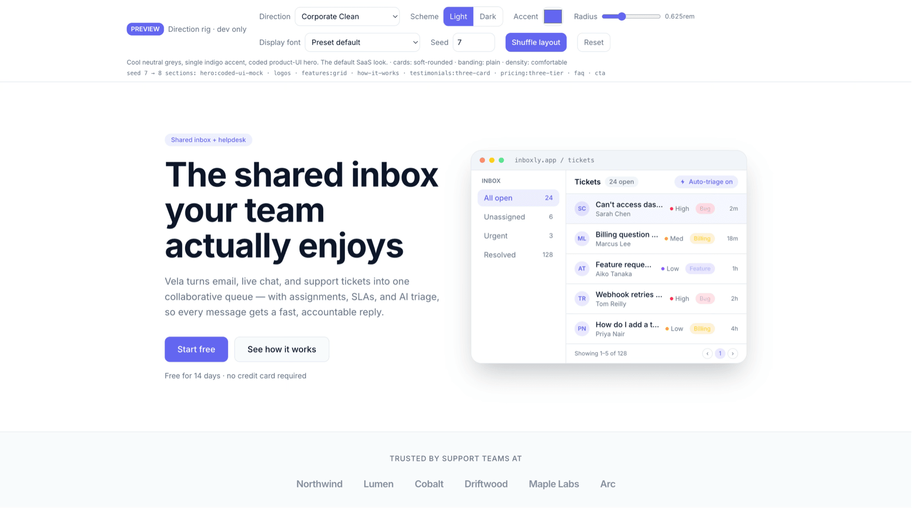 A dev-only harness with dropdowns for direction, scheme, accent, radius and font, over a generated landing page