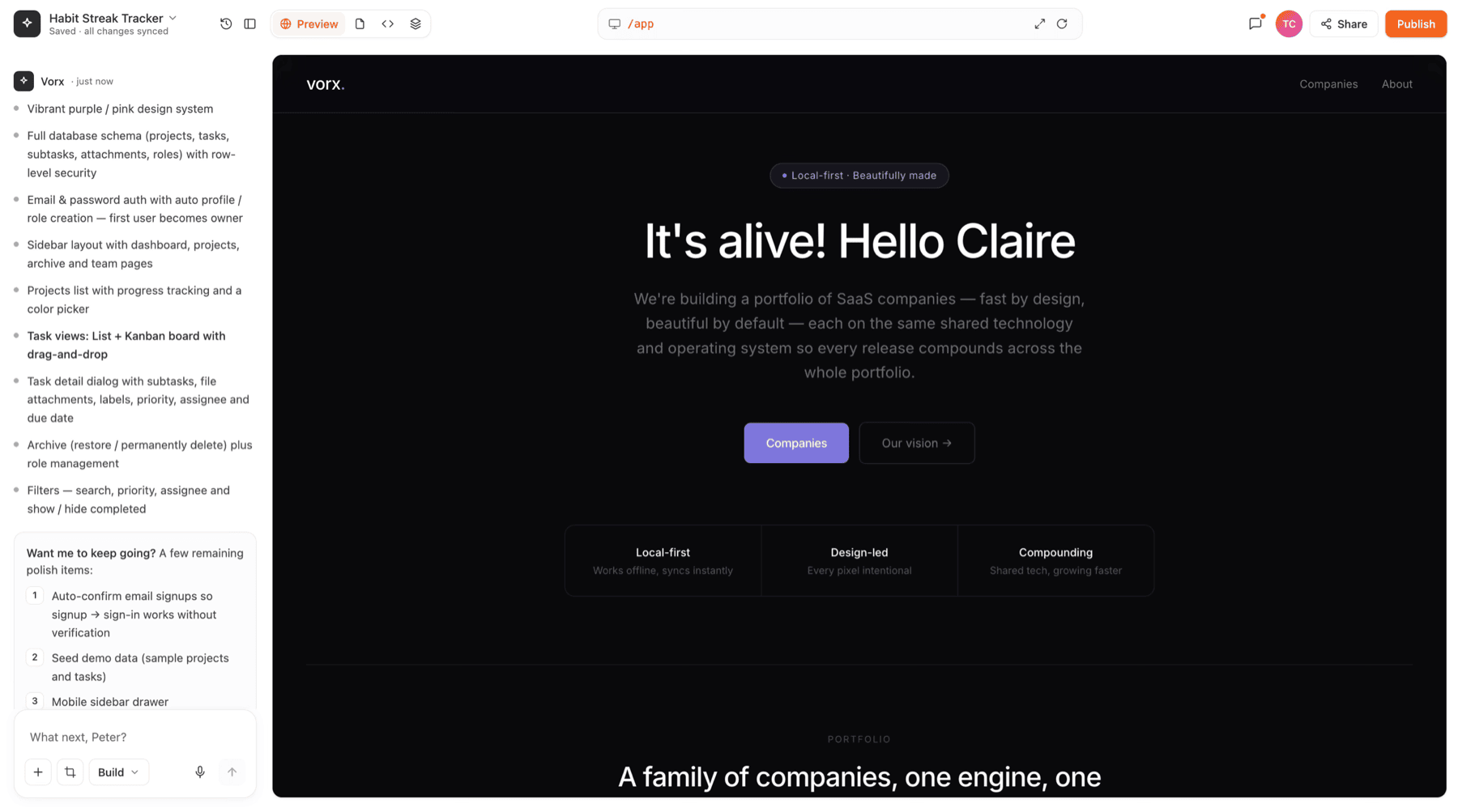The first prompt-driven edit landing: the hero now reads It's alive! Hello Claire