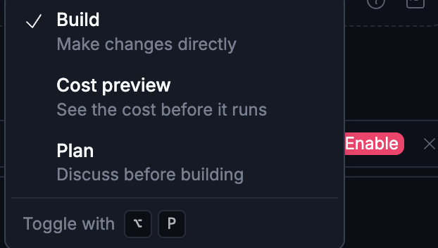 The composer's mode menu: Build, Cost preview, and Plan