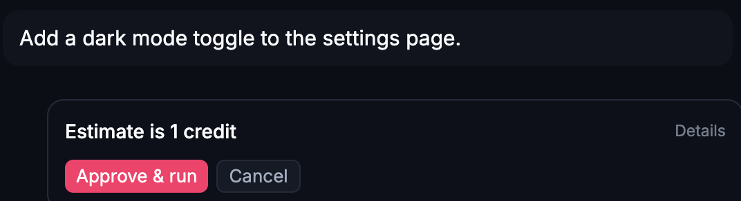Cost preview's estimate, with Approve & run or Cancel