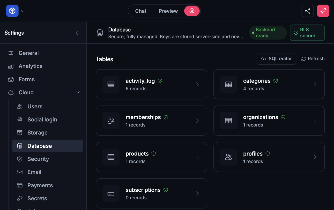 Settings → Cloud → Database: the tables Vorx built from a chat description, with row counts and row-level security badges
