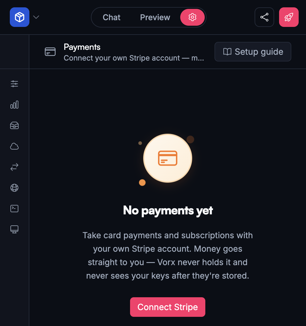 Settings → Cloud → Payments before a Stripe account is connected