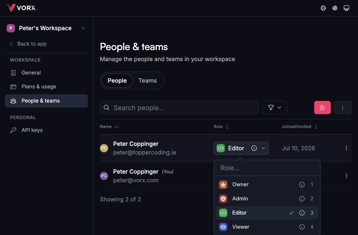 Settings → People & teams, changing a member's role between Owner, Admin, Editor, and Viewer