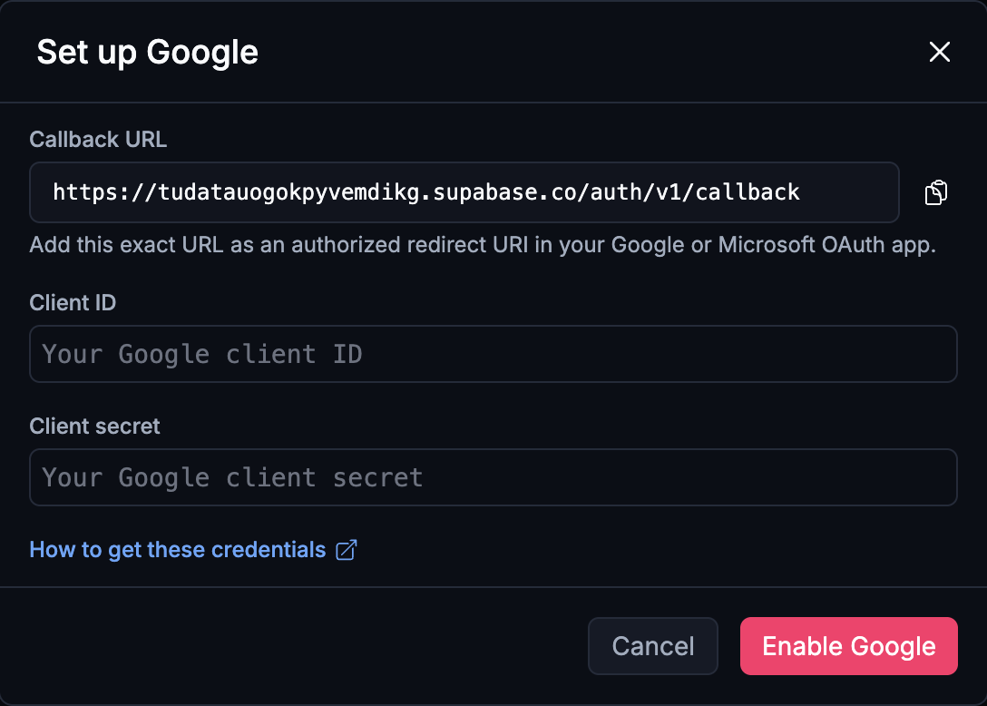 Settings → Cloud → Social login → Set up Google: the callback URL to add as a redirect URI, and the Client ID and secret fields