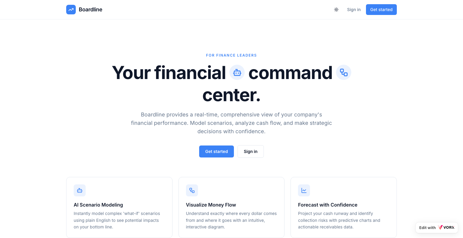 Step 3 — the preview is the real app, on its own address The generated app running on its own in a full browser window, with the Edit with Vorx badge in the corner