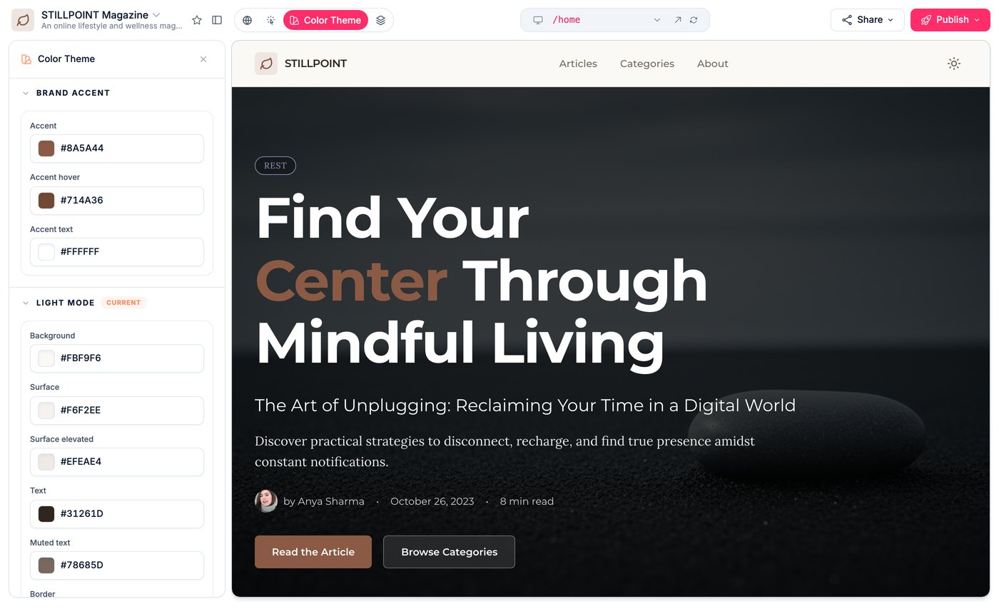 Theme mode: the accent colour and the surface, text and border tokens the whole app draws from