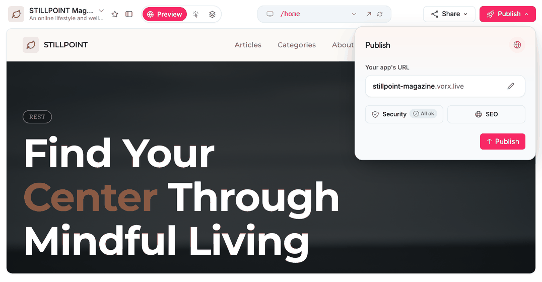 The Publish dialog: your app address on vorx.live, its security and SEO checks, and the Publish button