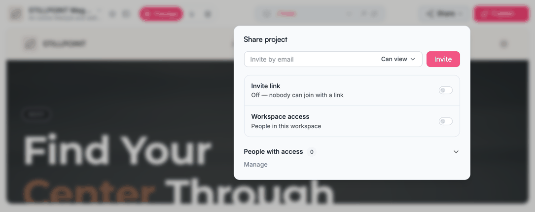 The share dialog: invite by email, an invite link with its own permission, workspace access, and a read-only preview link