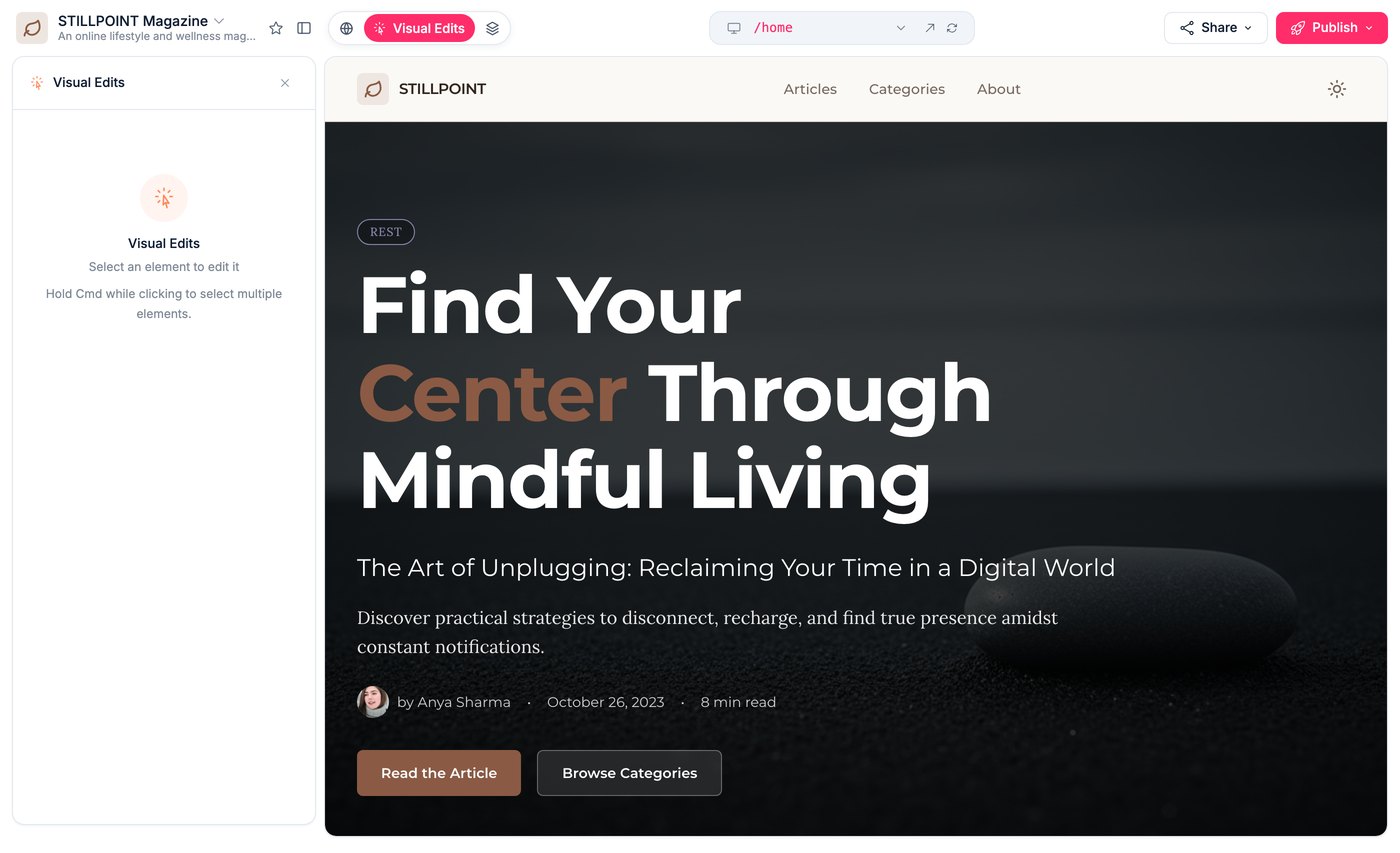 Visual Edits open beside the preview, waiting for an element to be selected