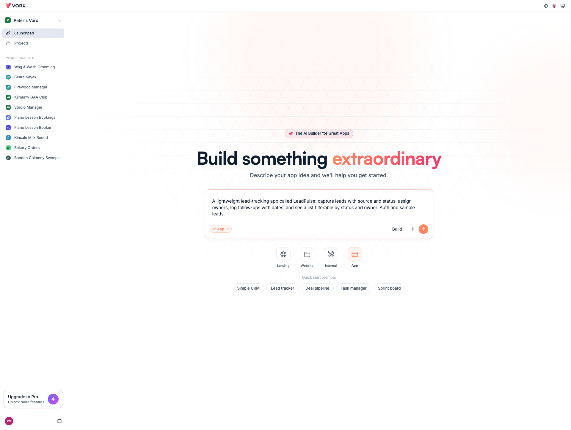 The Vorx launchpad, with an app description typed into the prompt box and app-type and quick-start options below it