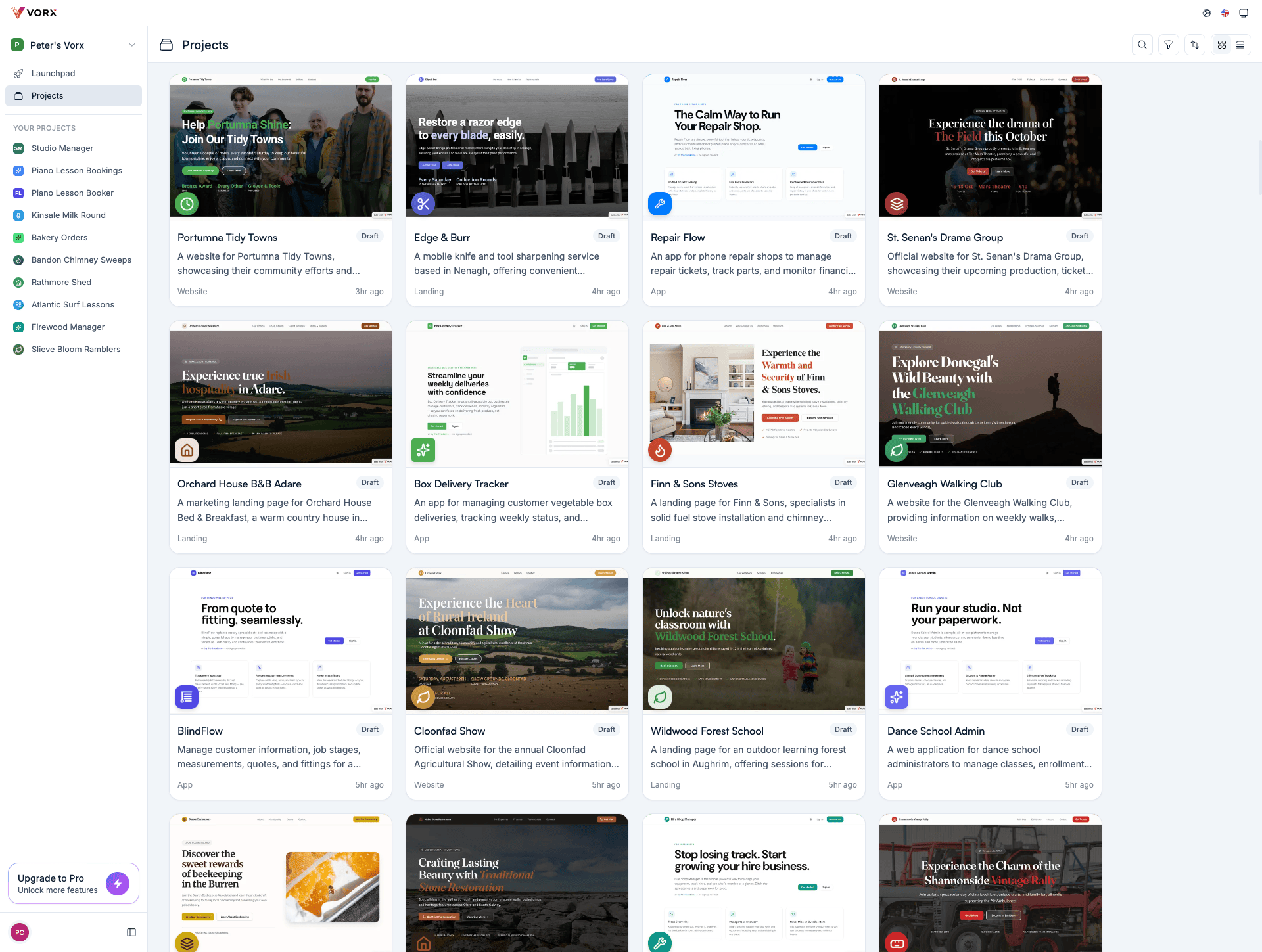 The Vorx projects dashboard, showing a library of apps, landing pages and websites built with Vorx