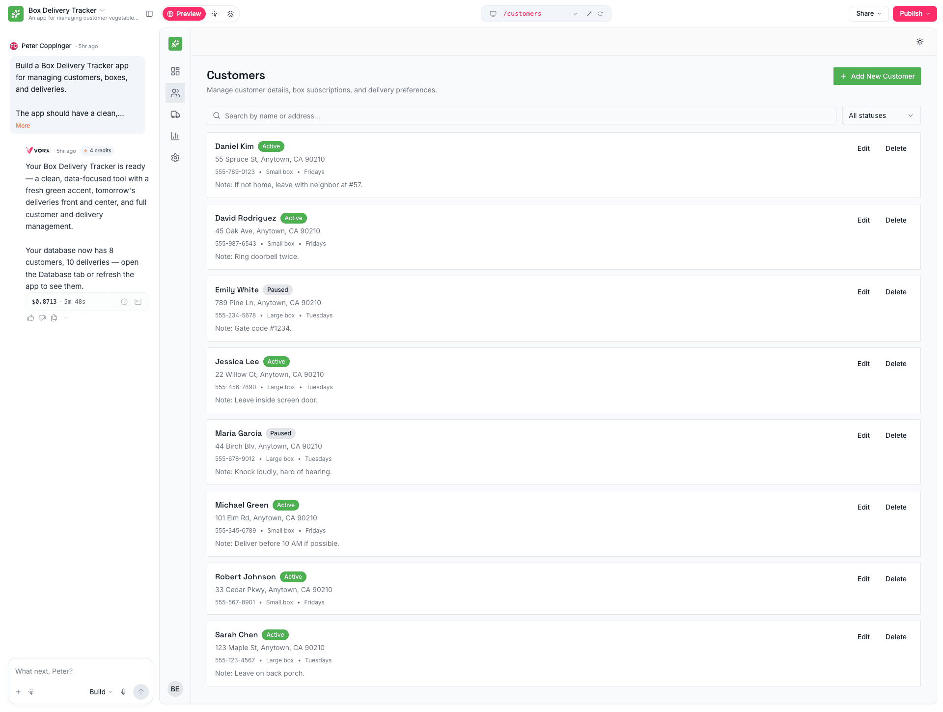 The generated Box Delivery Tracker app running, showing a customers screen populated with real records