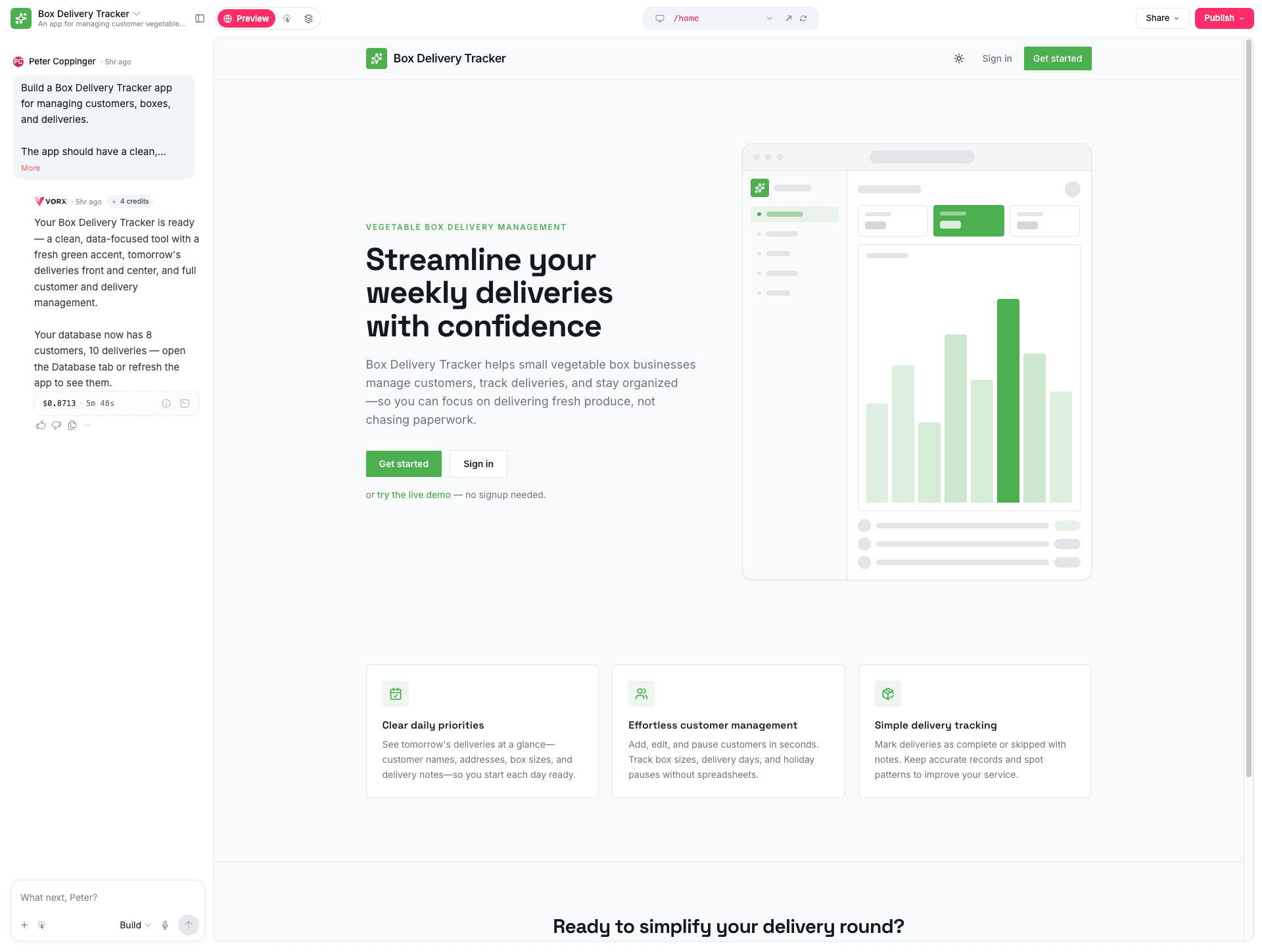 The Vorx builder: a chat prompt on the left, and the generated Box Delivery Tracker landing page previewed on the right