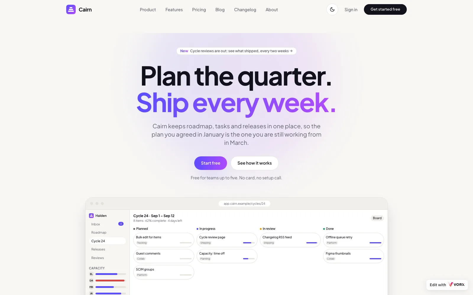Cairn, a saas company app built with Vorx