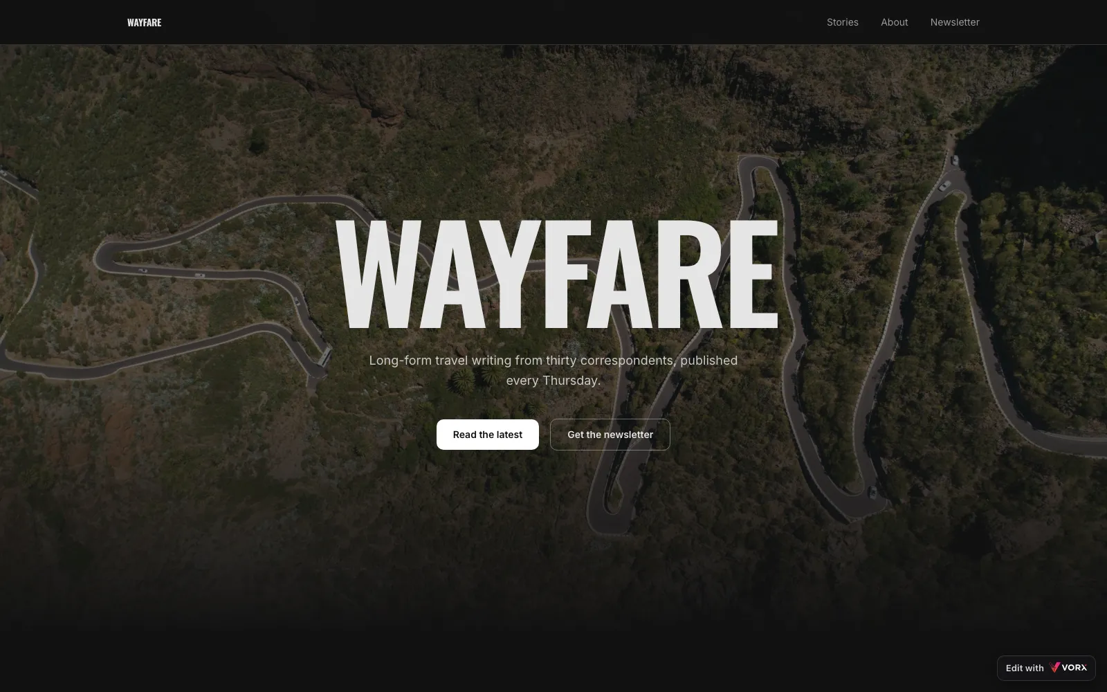 Wayfare, a travel magazine app built with Vorx
