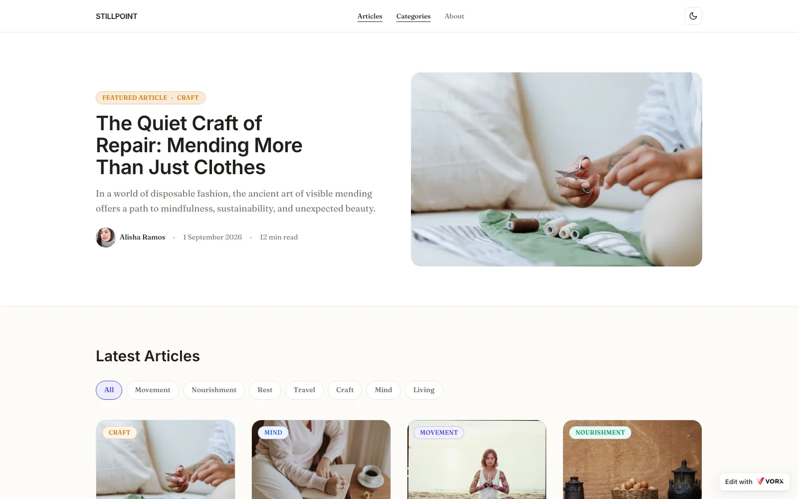 Stillpoint, a wellness blog app built with Vorx